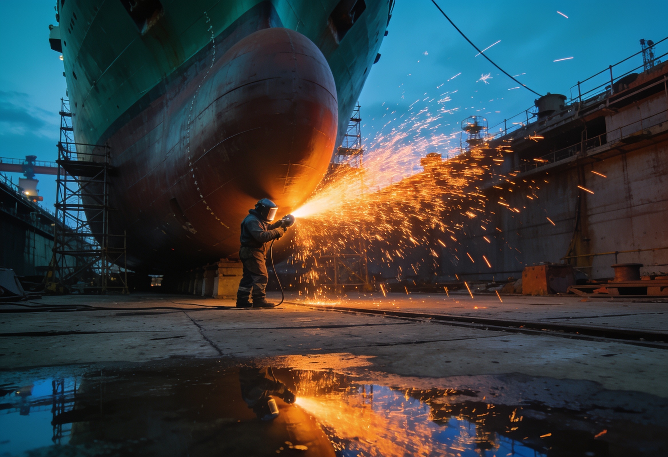 Worker grinding under a ship hull in a dry dock, with sparks flying