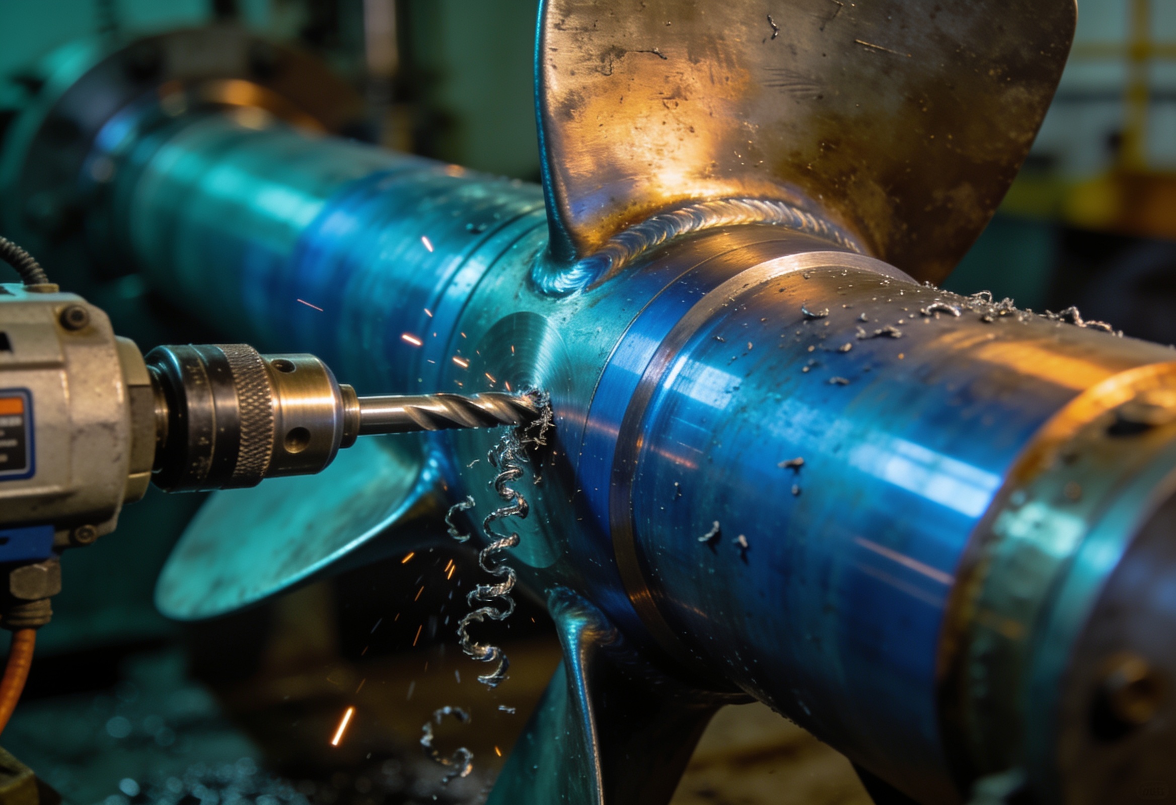 A propeller shaft and sterntube being machined; heat-tinted steel surface